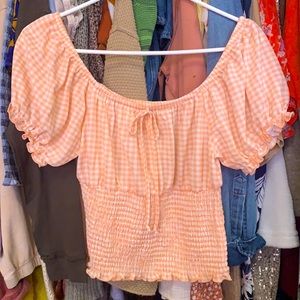 Full Circle Trends Peach & White Checkered Off The Shoulder Crop Top